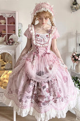 Robe Sweet Lolita à imprimé lapin rose, col carré, manches courtes, volants, nœud en dentelle